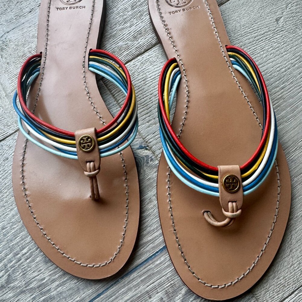 Tory Burch Sienna Rainbow Leather Flip Flops – Size 11, Vachetta footbed